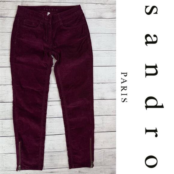 SANDRO Women's Burgundy Narrow Wale Corduroy Pants Cropped Size FR 34  US 2 - Picture 2 of 9